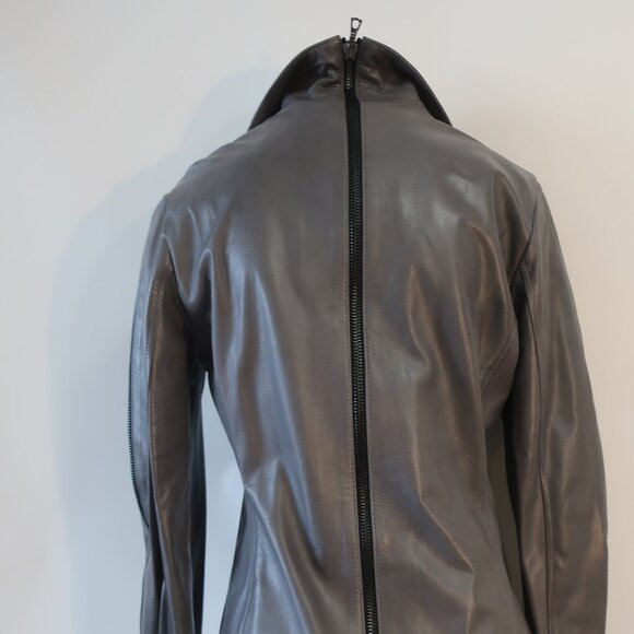 Womens Shari's Place Gray Black Zipper Motif Leather Jacket 8 - Picture 11 of 16